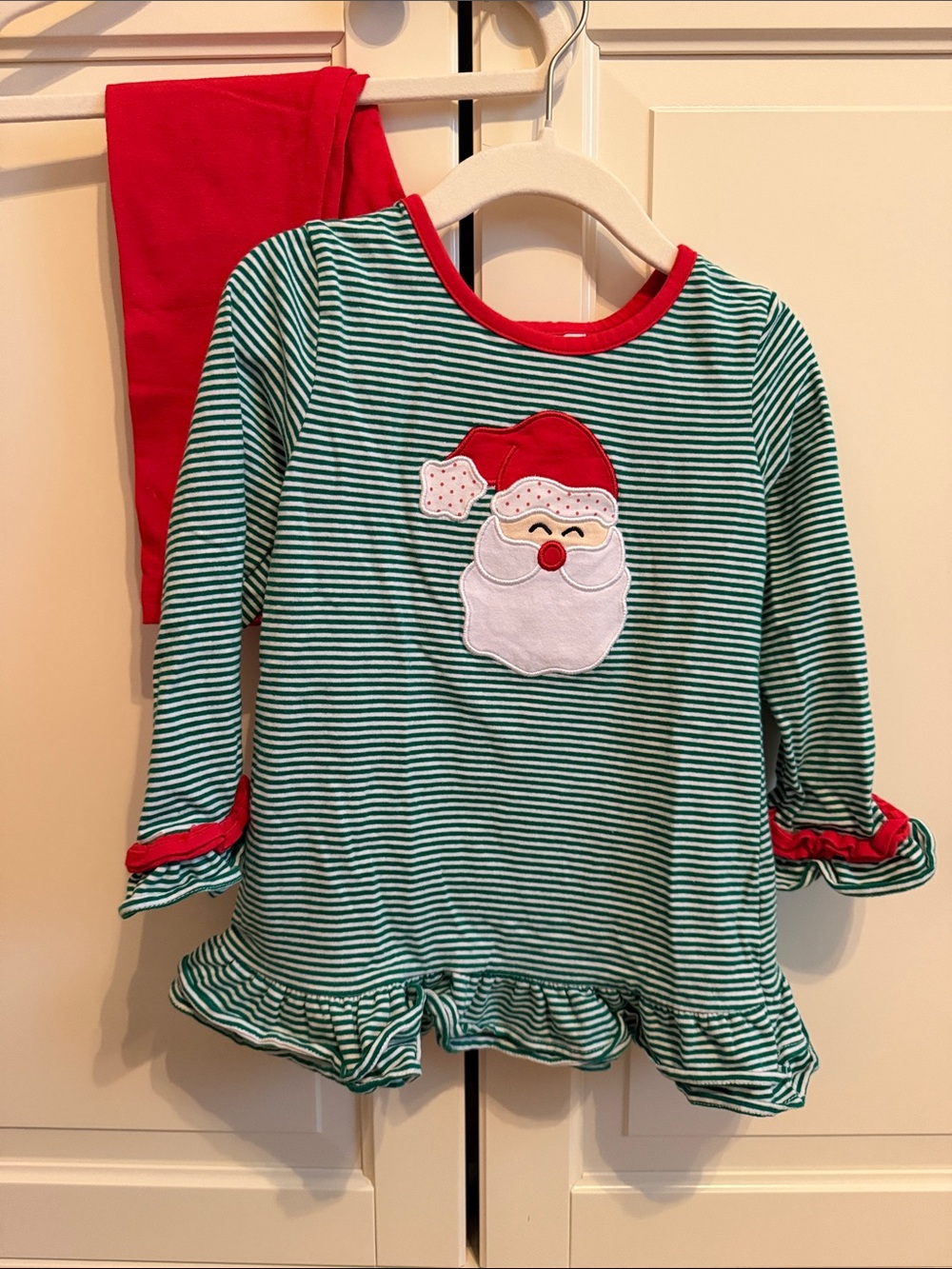 Girls' Green Stripe Santa Christmas Matching Set - Red Accents